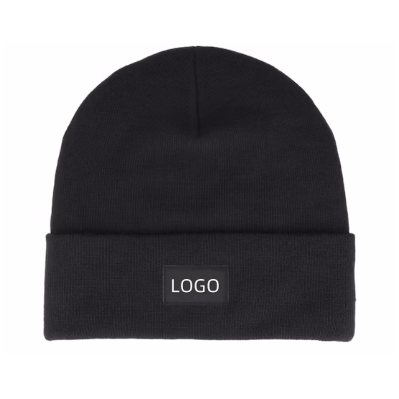 Unisex Soft Stretchy Winter Beanie Hats Classic Tall Black Acrylic Knit Cap Custom Logo