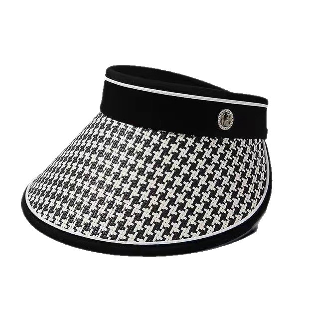 Sun Hat for Women Summer Hat Sunshade Hat Outdoor Straw Hat with Checked Pattern Thousand-bird Pattern Open-top Sun Hat