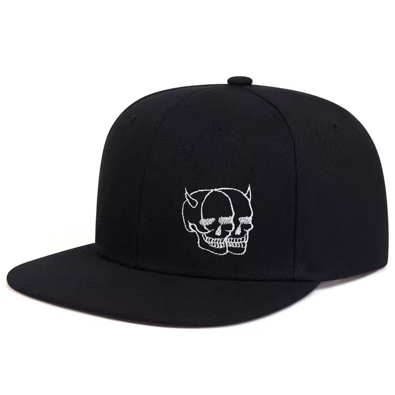 Dark Style 3D Double Skull Embroidery Flat Brim Baseball Cap Edgy Streetwear Fashion Unisex Hip-Hop Hat