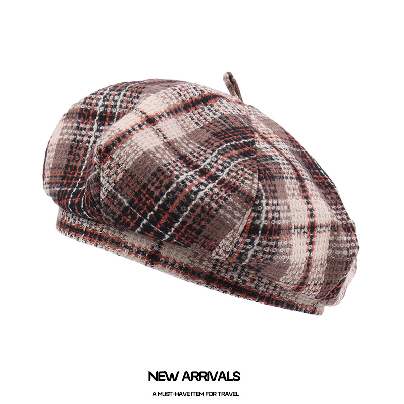 New British Vintage Checkered Beret for Women - Suitable for Autumn/Winter - Wool Blend - Warm - Artist's Hat