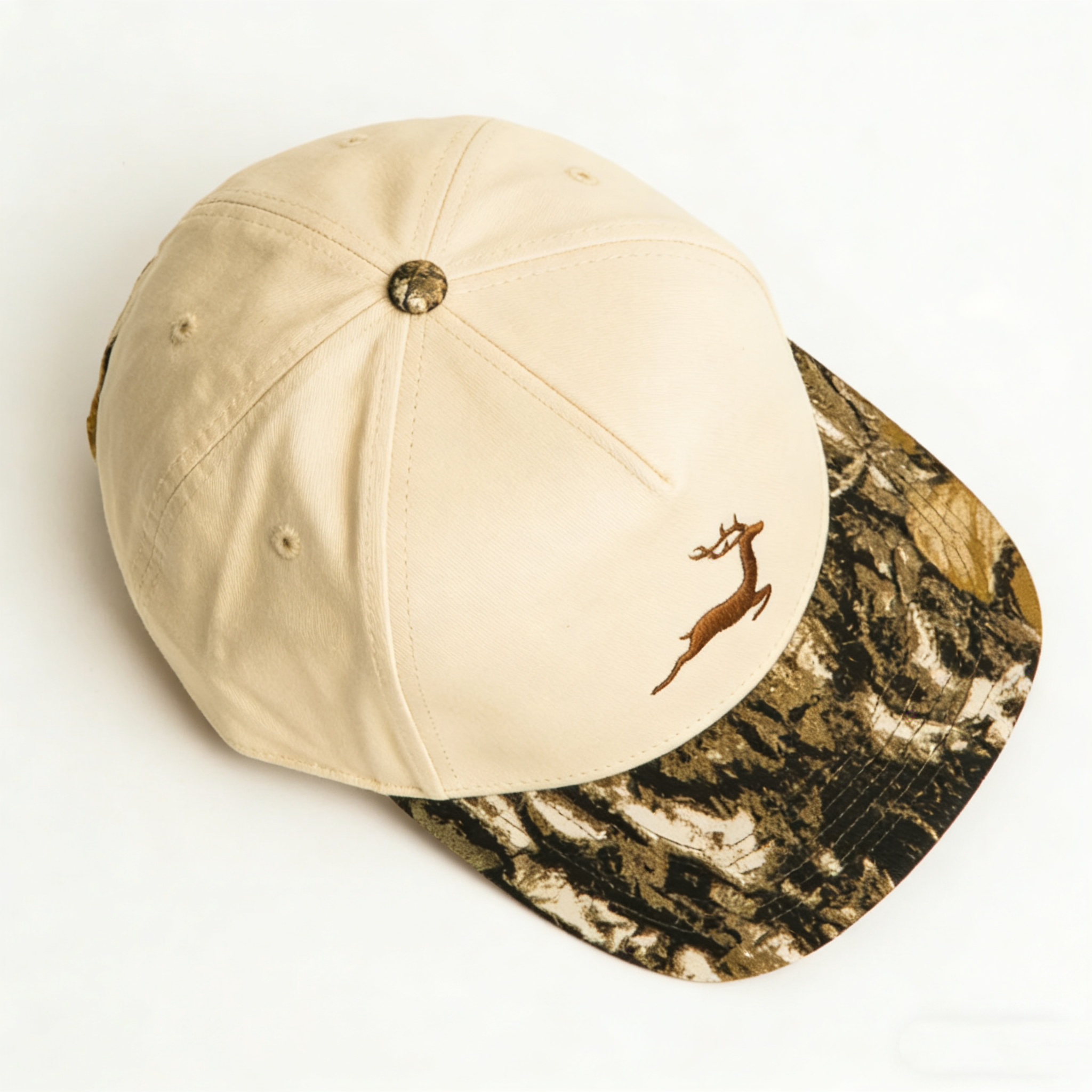 High Quality 5-Panel Cotton Fabric Forest Leaf Camo Camouflage Brim 2 Tone Design Baseball Hat for Men Women for Hunting