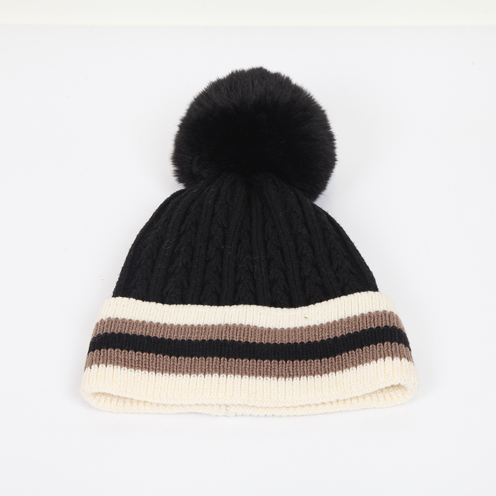 Manufacturer Fashion Women Winter Warm Earflod Lamb Wool Fleece Striped Knit Beanie Hats With Plush Pom Pom