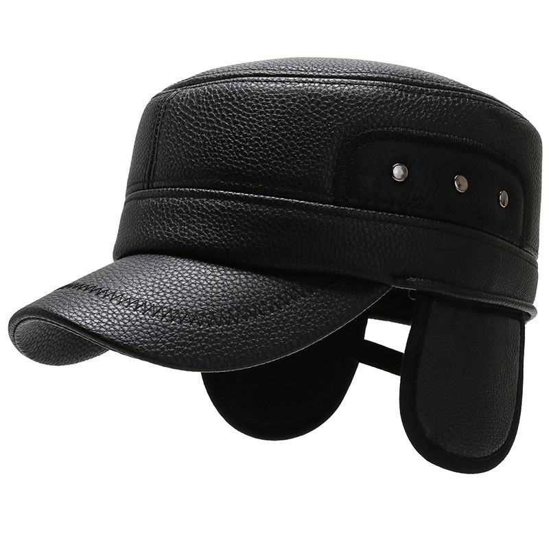 New Model of PU Flat-top Hat for Middle Aged and Elderly Men with Ear protection and Warm Keeping Cotton Lining