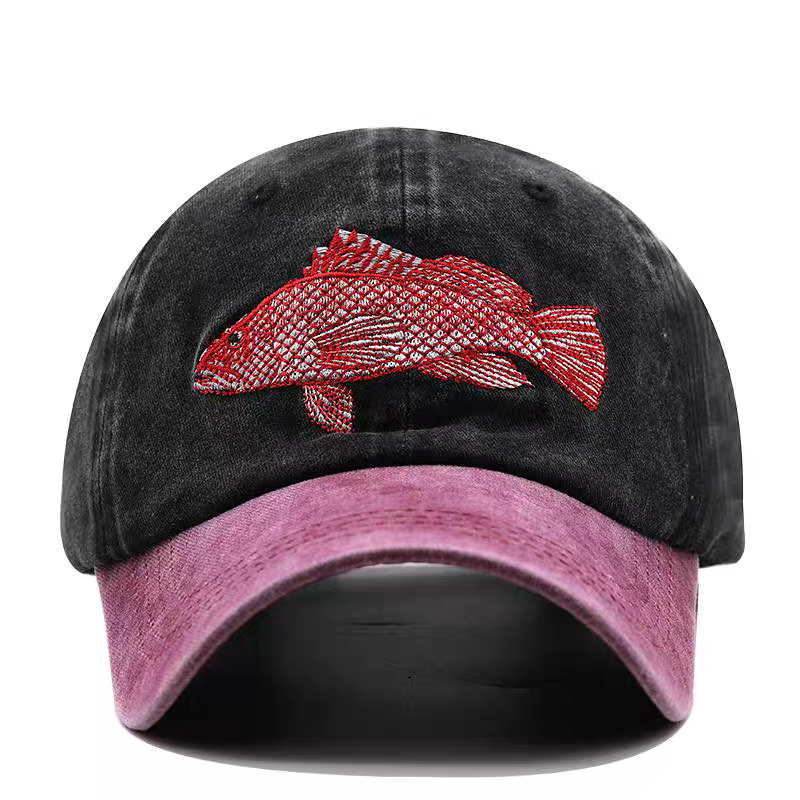 Distressed Washed Twill 6-Panel Color Block Fish Embroidery Vintage Baseball Cap Unisex American Dad Hat Outdoor Fishing Sun Cap
