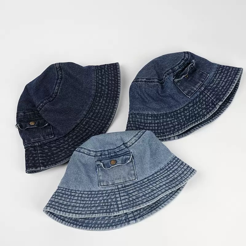 New Vintage Denim Bucket Hat with Wide Brim Small Pocket Washed for a Trendy Look Built-in Sun Protection for Outdoor Travel
