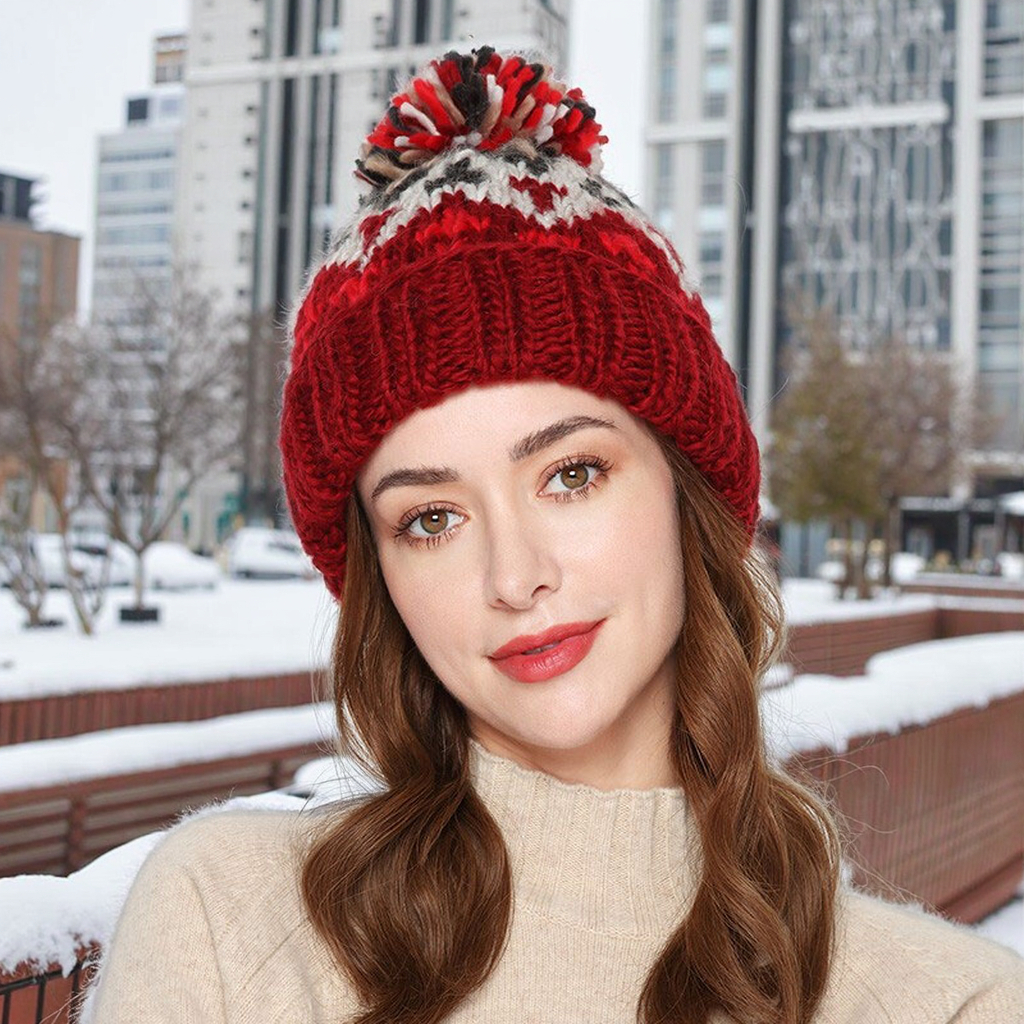 High Quality Winter Jacquard Beanie Hat for Women Knitted Wool Ball Character Pattern Travel Warm Manufacturer
