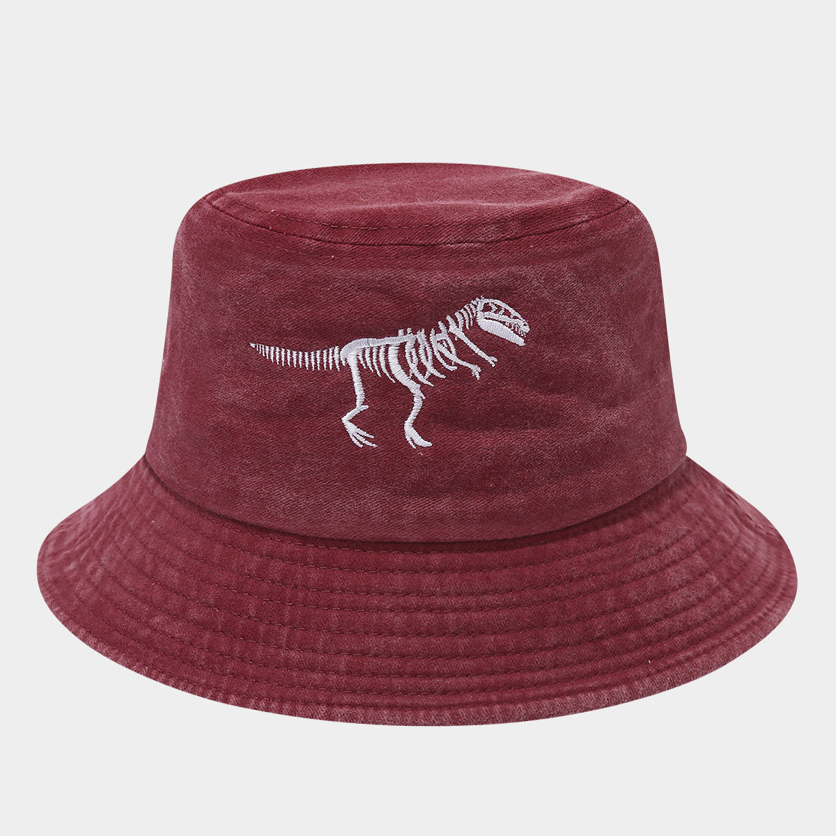 Dinosaur Skeleton Embroidered Fishing Hat Water Washed Distressed Outdoor Sun Hat Fashionable Bucket Hat