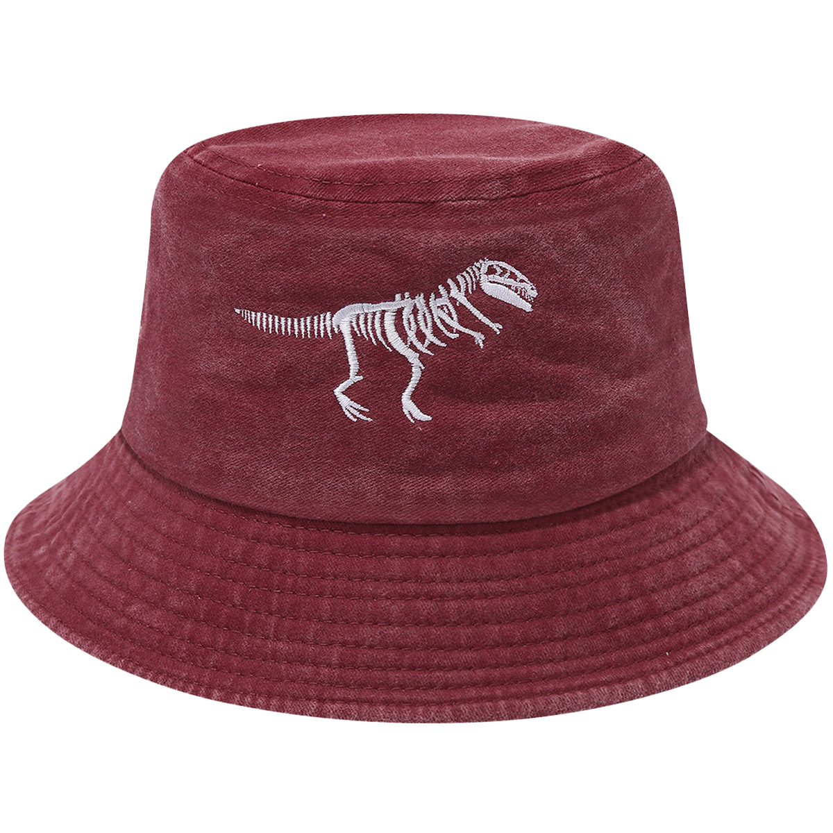 Dinosaur Skeleton Embroidered Fishing Hat Water Washed Distressed Outdoor Sun Hat Fashionable Bucket Hat