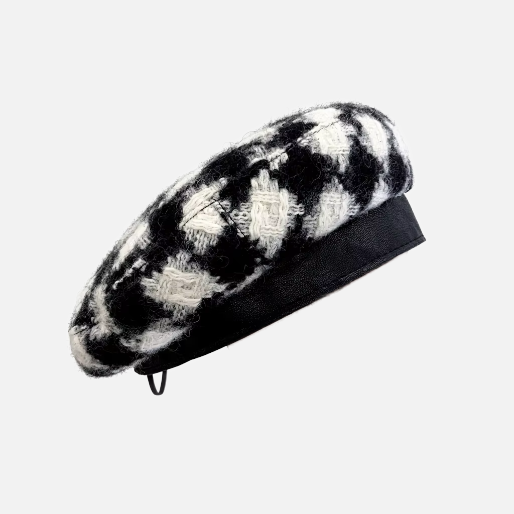 Leather-Trimmed Beret - Wool Knit Houndstooth Pattern, Fall/Winter Fashion Artist Hat