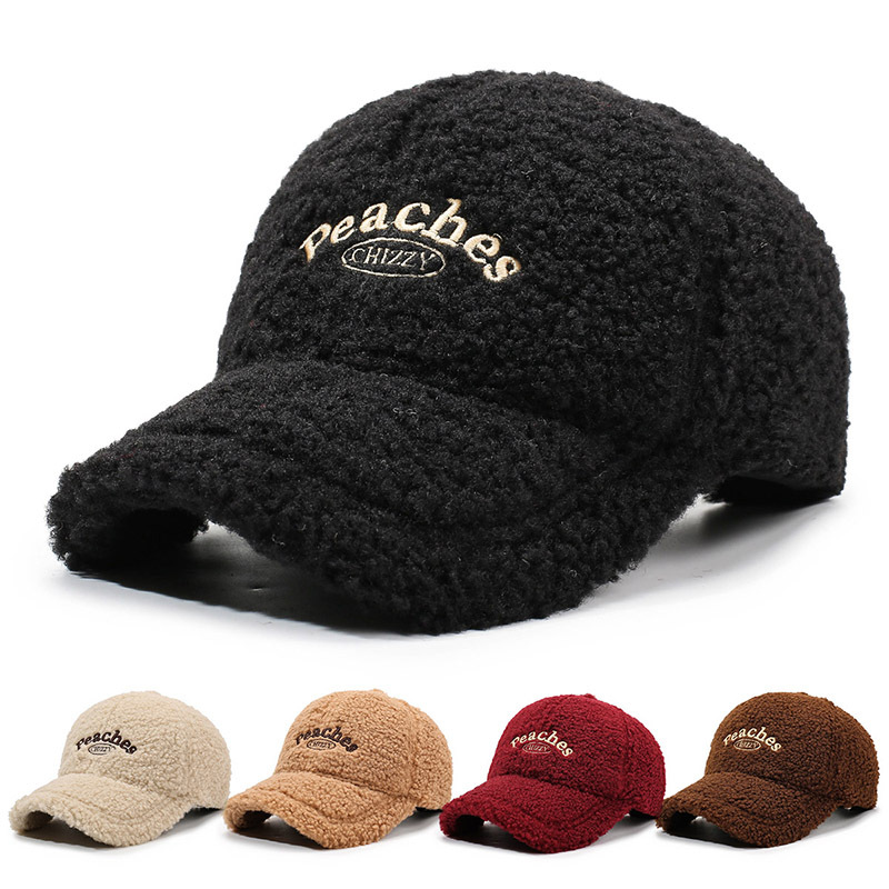 Women's Sherpa Fleece 6-Panel Adjustable Baseball Cap Embroidered Letter Design Winter Outdoor Fashion Hat for Casual Travel Use
