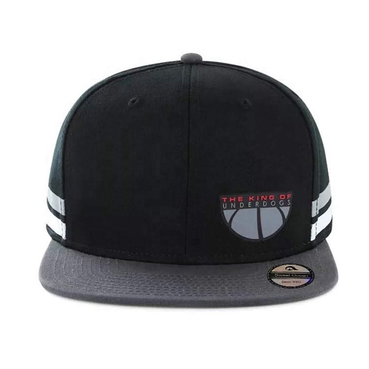 Custom Hip Hop Striped Print Flat Brim Hat Black Rubber Patch logo Snapbacks Hat Cap