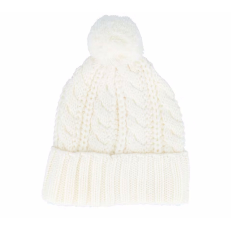 High Quality Wool White Pom Pom Beanie Warm Knit Skull Cap Soft Cuff Beanie Custom Logo Embroidered Patch Winter Hat for Women
