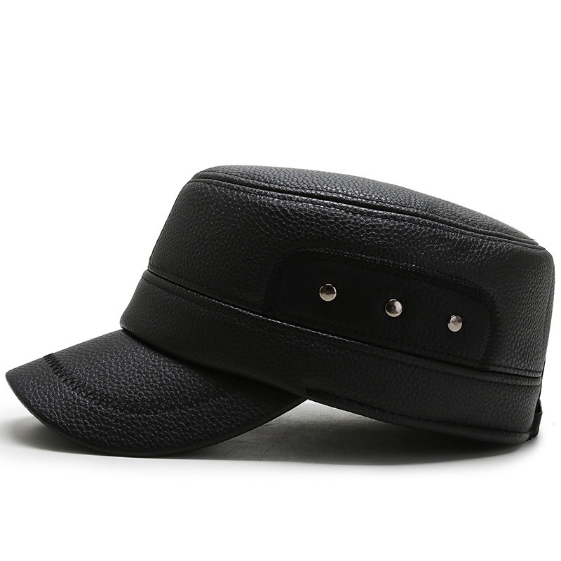 New Model of PU Flat-top Hat for Middle Aged and Elderly Men with Ear protection and Warm Keeping Cotton Lining