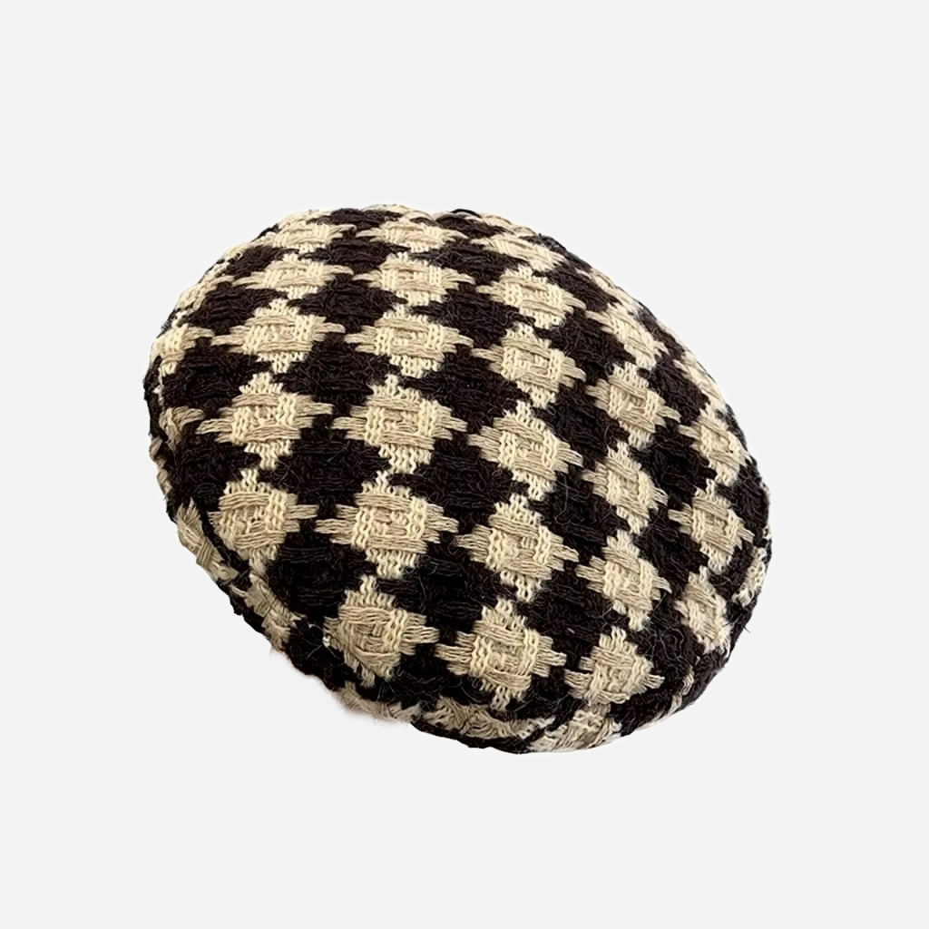 Leather-Trimmed Beret - Wool Knit Houndstooth Pattern, Fall/Winter Fashion Artist Hat