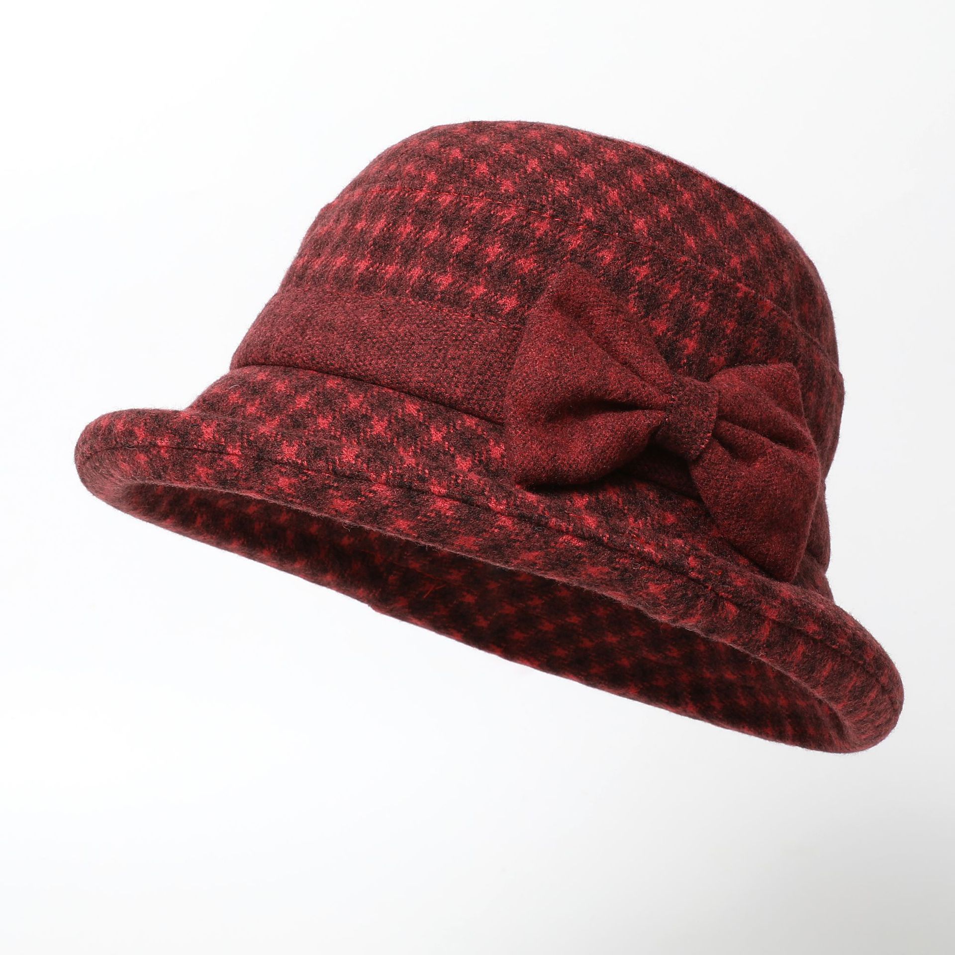 Lady's Fashionable Retro Woolen Fisherman Hat with Check Pattern - a Mother's Knitted Warm Cotton Hat for Autumn and Winter.