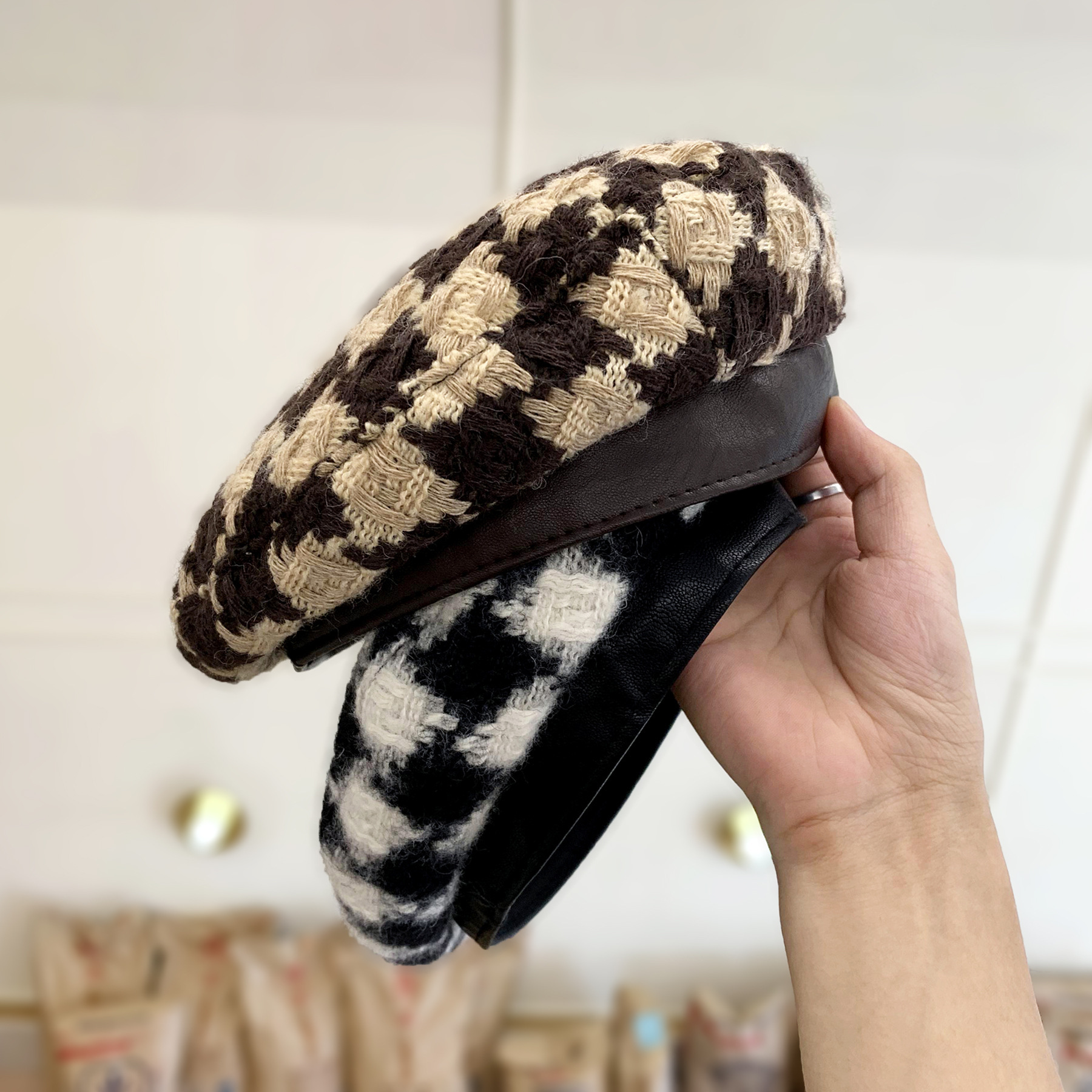 Leather-Trimmed Beret - Wool Knit Houndstooth Pattern, Fall/Winter Fashion Artist Hat