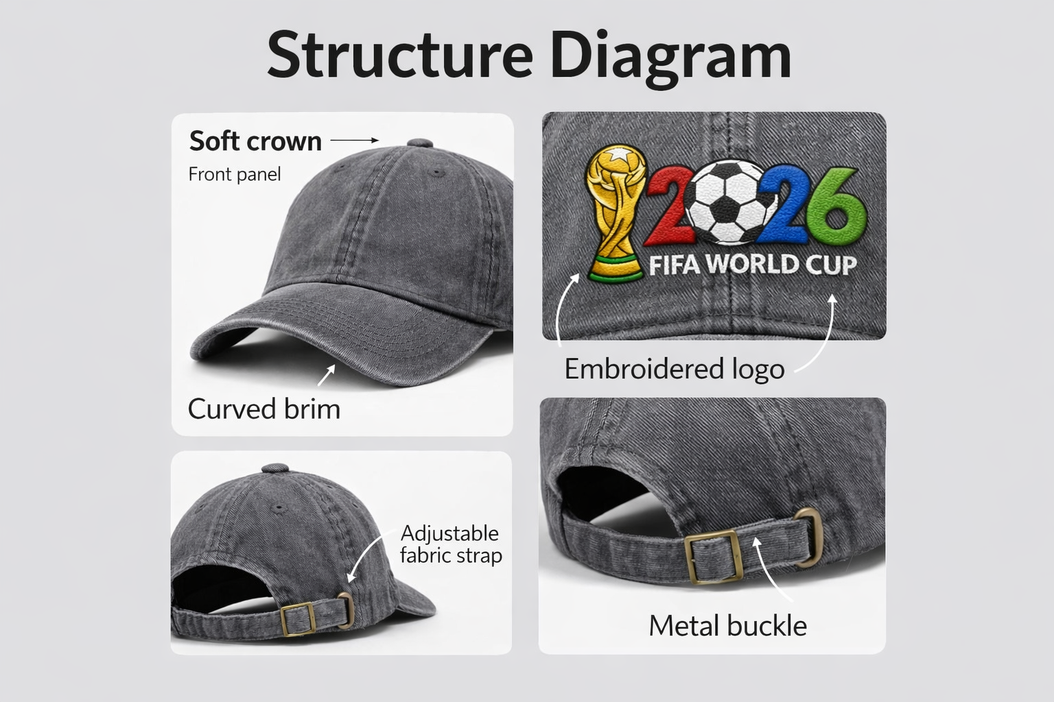 Football League 6-Panel Adjustable Velour Curved Baseball Cap Embroidery Metal Buckle Closure Unisex Adult