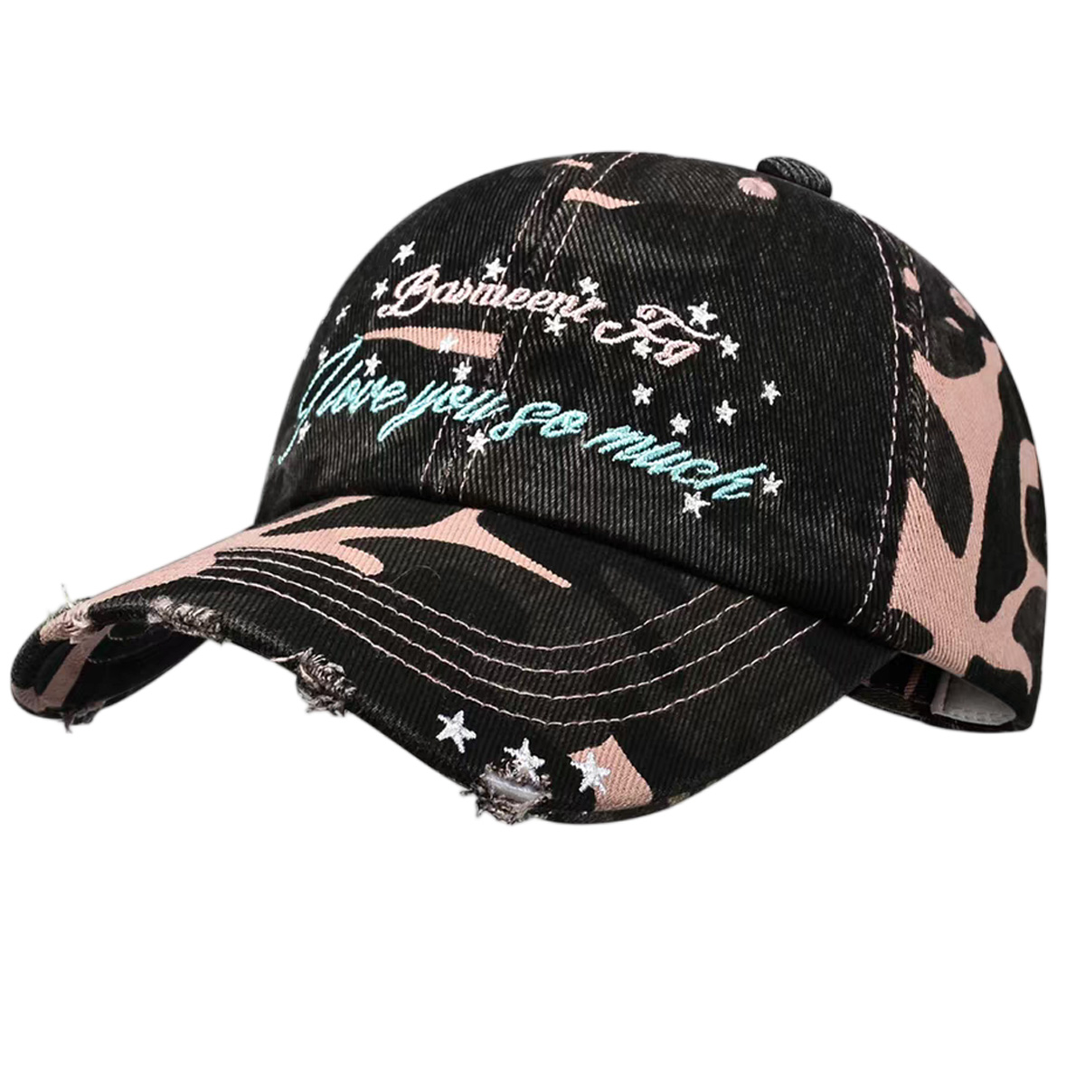 Pink Black Camo Distressed Twill Sporty Vintage Baseball Cap American Street Embroidered Fringed Unisex Dad Hat