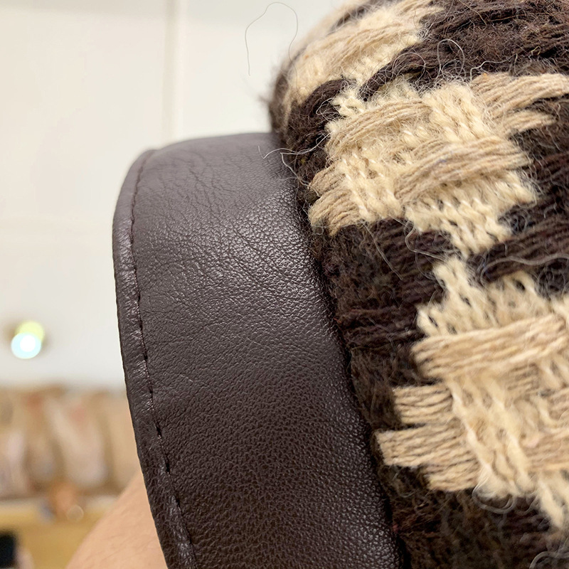 Leather-Trimmed Beret - Wool Knit Houndstooth Pattern, Fall/Winter Fashion Artist Hat