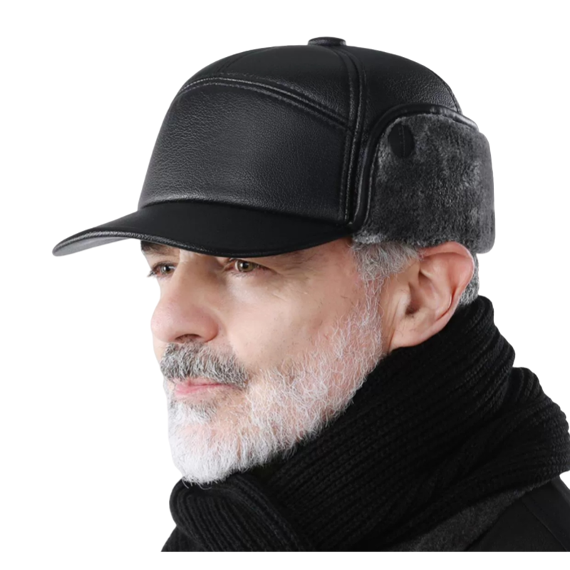 Custom Black Leather Baseball Dad Hat for Men BSCI Certified Winter Warm Vintage Cap with Embossed Logo High Quality Style Image