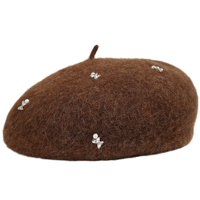 Customized Rhinestone Butterfly Decoration Woolen Beret Ladies Fashionable Casual Warm Autumn Winter Travel Painter's Hat