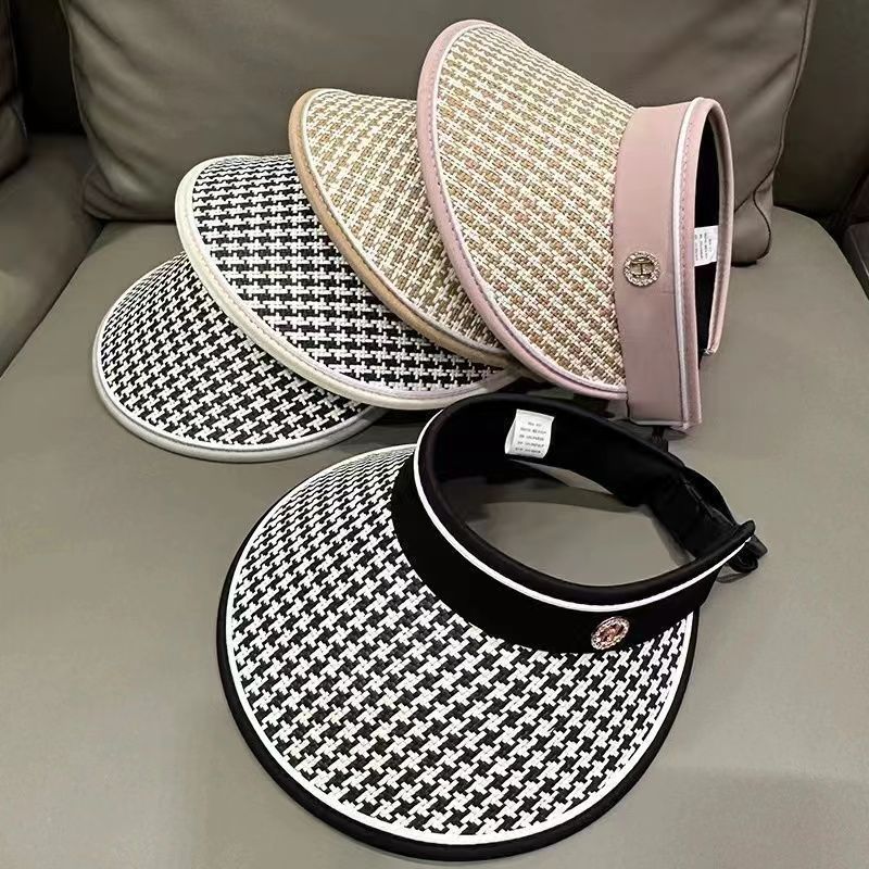 Sun Hat for Women Summer Hat Sunshade Hat Outdoor Straw Hat with Checked Pattern Thousand-bird Pattern Open-top Sun Hat