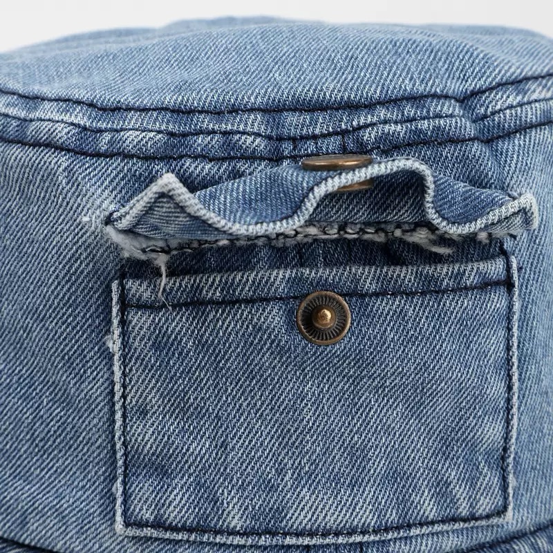 New Vintage Denim Bucket Hat with Wide Brim Small Pocket Washed for a Trendy Look Built-in Sun Protection for Outdoor Travel