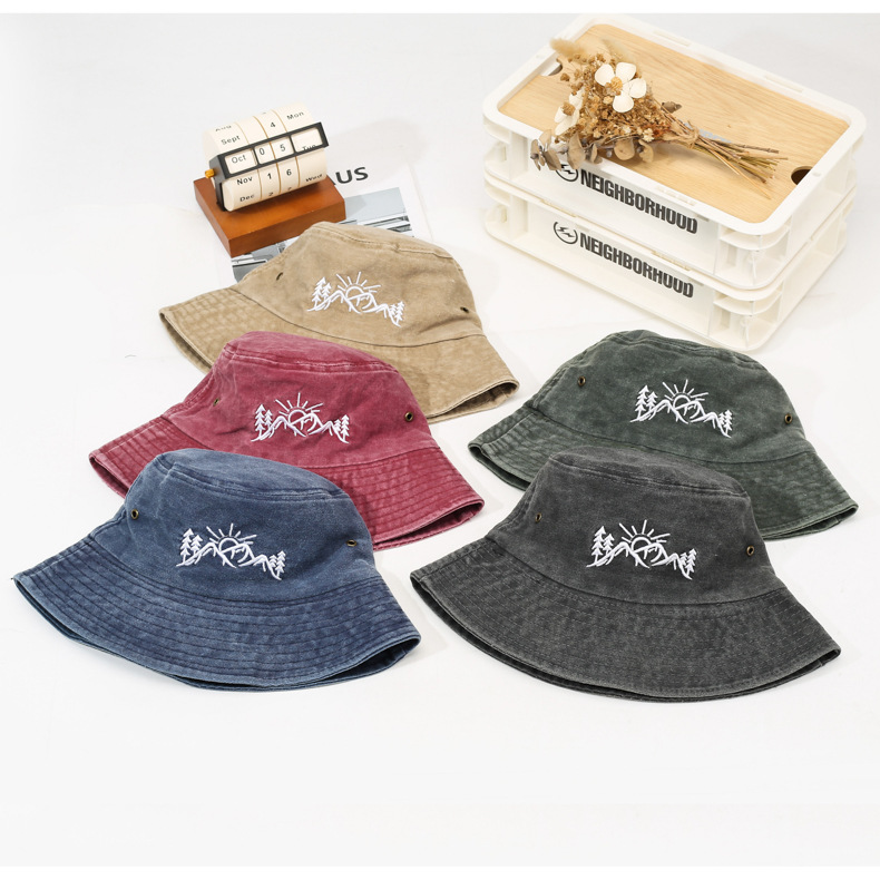 New Embroidered Fishing Hat Washed and Distressed Outdoor Fishing Sun Hat Street Bucket Hat