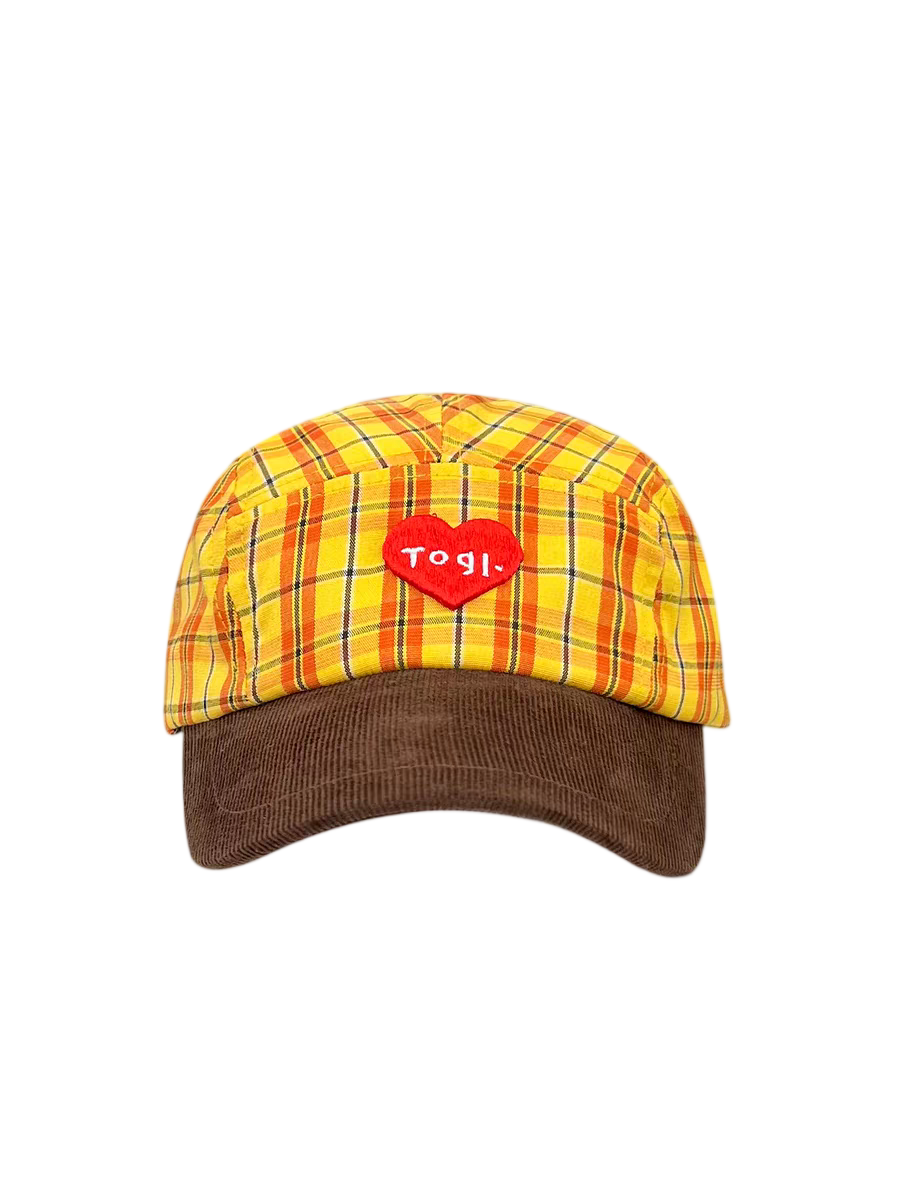 Yellow Plaid Heart Letter Patch Twill Dobby 5-Panel Corduroy Unstructured Unisex Retro Fashion Casual Baseball Cap