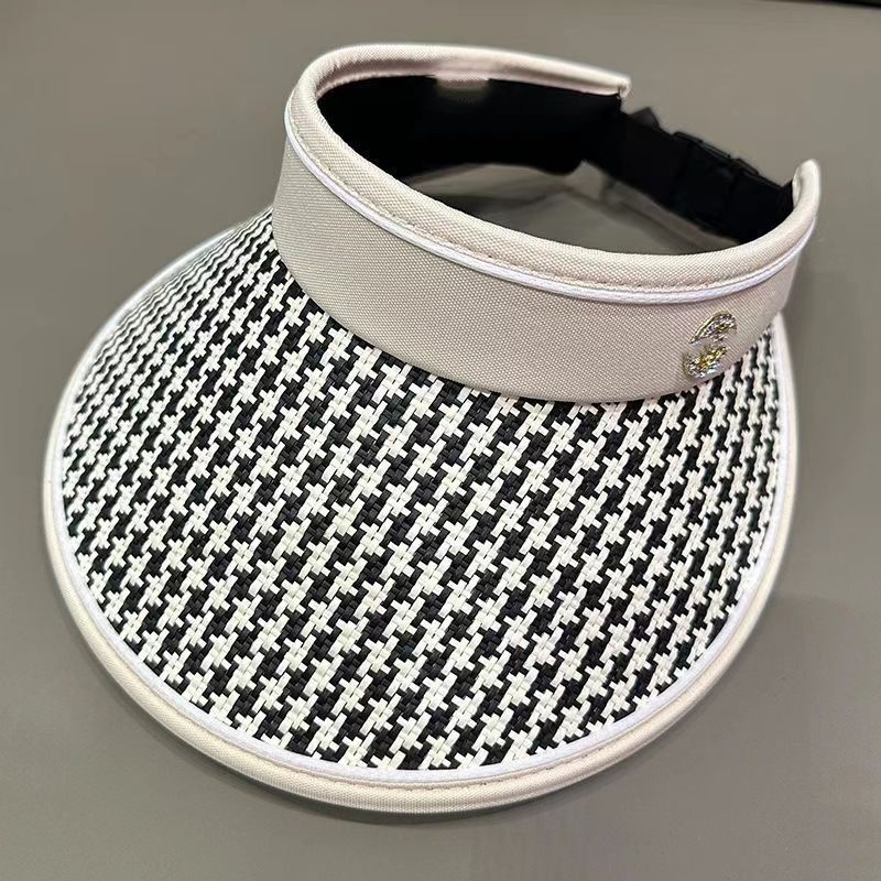 Sun Hat for Women Summer Hat Sunshade Hat Outdoor Straw Hat with Checked Pattern Thousand-bird Pattern Open-top Sun Hat