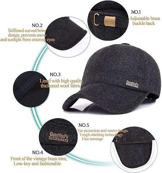 Custom Men's Winter Wool Sport Visor Hat Earflaps Business Formal Logo Stylish Outdoor Baseball Cap for Golf for Scenes