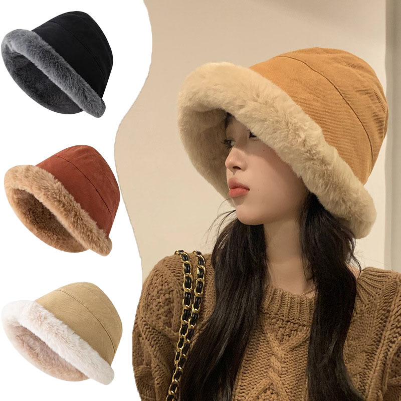 Custom Fashion Winter Plush Thickening Wool Warm Ear Protection Fisherman Bucket Hat for Women