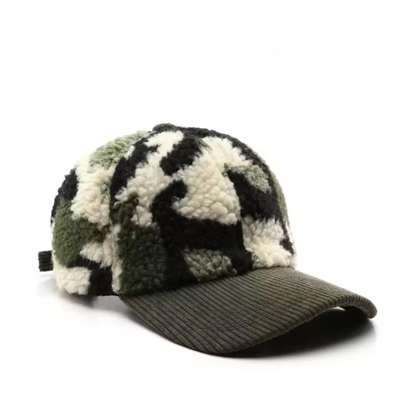 2025 New Fashion High Quality Camouflage 6-Panel Fleece-Lined Corduroy Hand Embroidery Common Warm Winter Baseball Cap
