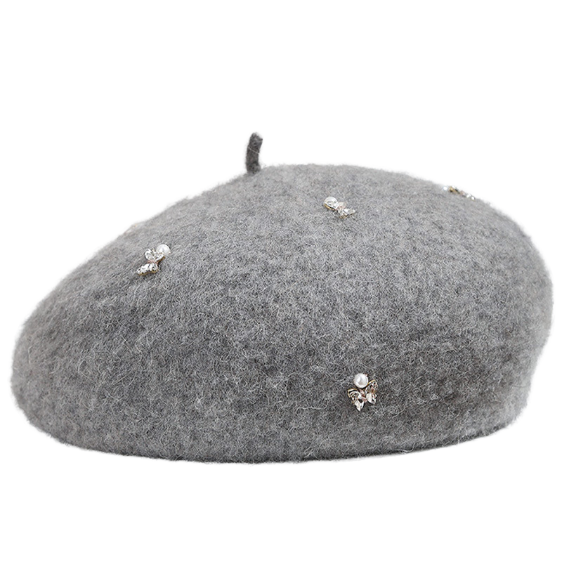 Customized Rhinestone Butterfly Decoration Woolen Beret Ladies Fashionable Casual Warm Autumn Winter Travel Painter's Hat