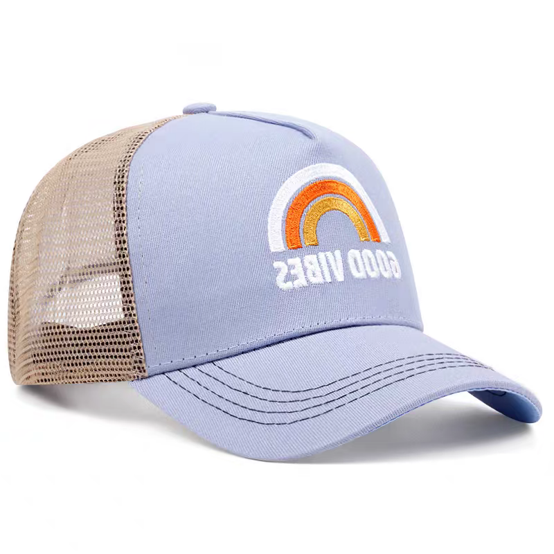 Flat Embroidery Mesh Trucker Cap Summer Breathable Sun Protection Retro Fashion Sports Outdoor Casual