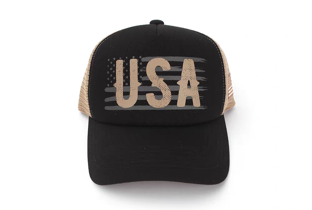 2026 New Style Vintage Sporty Black Print Twill Dobby Mesh Trucker Cap Curves Brim Unisex Adjustable Common Fabric