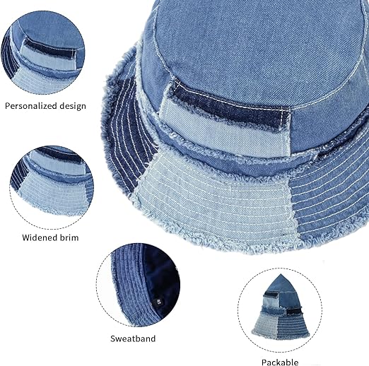 Custom Lightweight Denim Bucket Sun Cap Packable Casual Outdoor Summer Beach Travel Wide Brim Striped Camouflage Daily