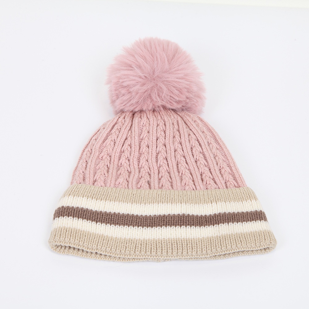Manufacturer Fashion Women Winter Warm Earflod Lamb Wool Fleece Striped Knit Beanie Hats With Plush Pom Pom