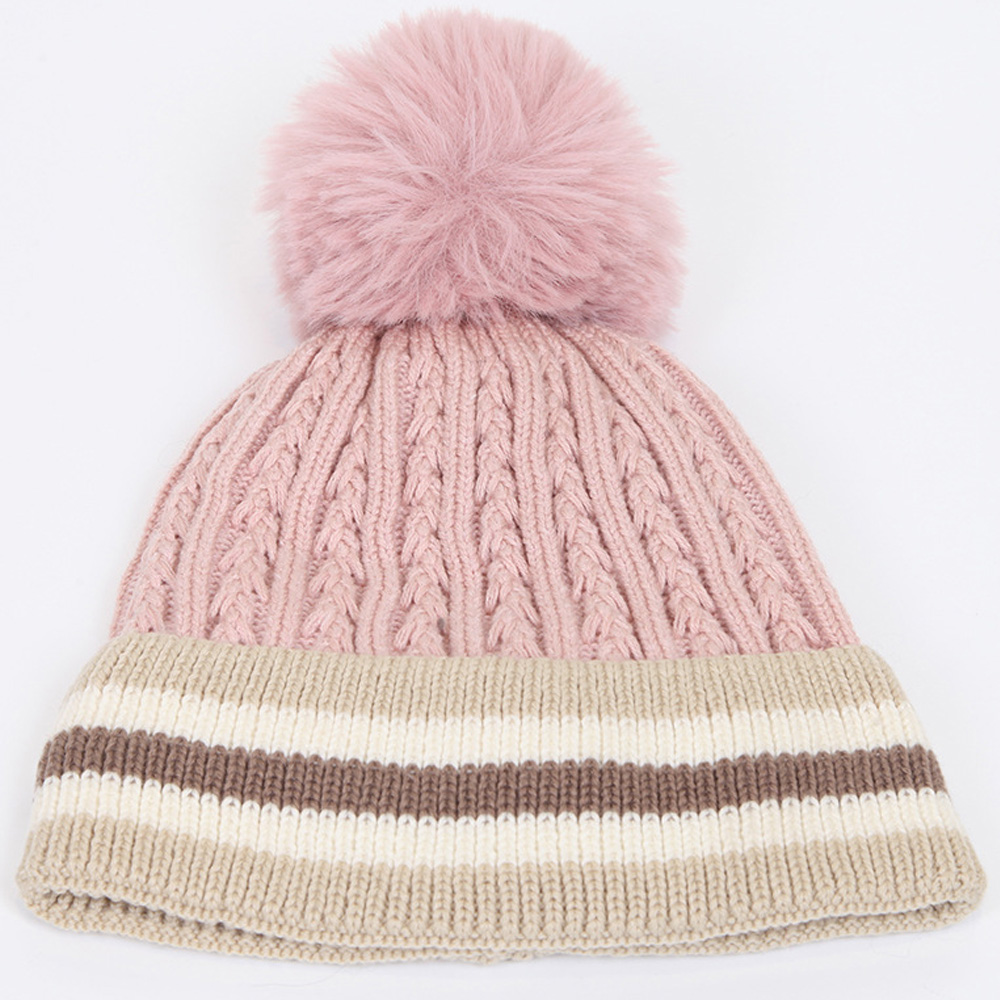 Manufacturer Fashion Women Winter Warm Earflod Lamb Wool Fleece Striped Knit Beanie Hats With Plush Pom Pom
