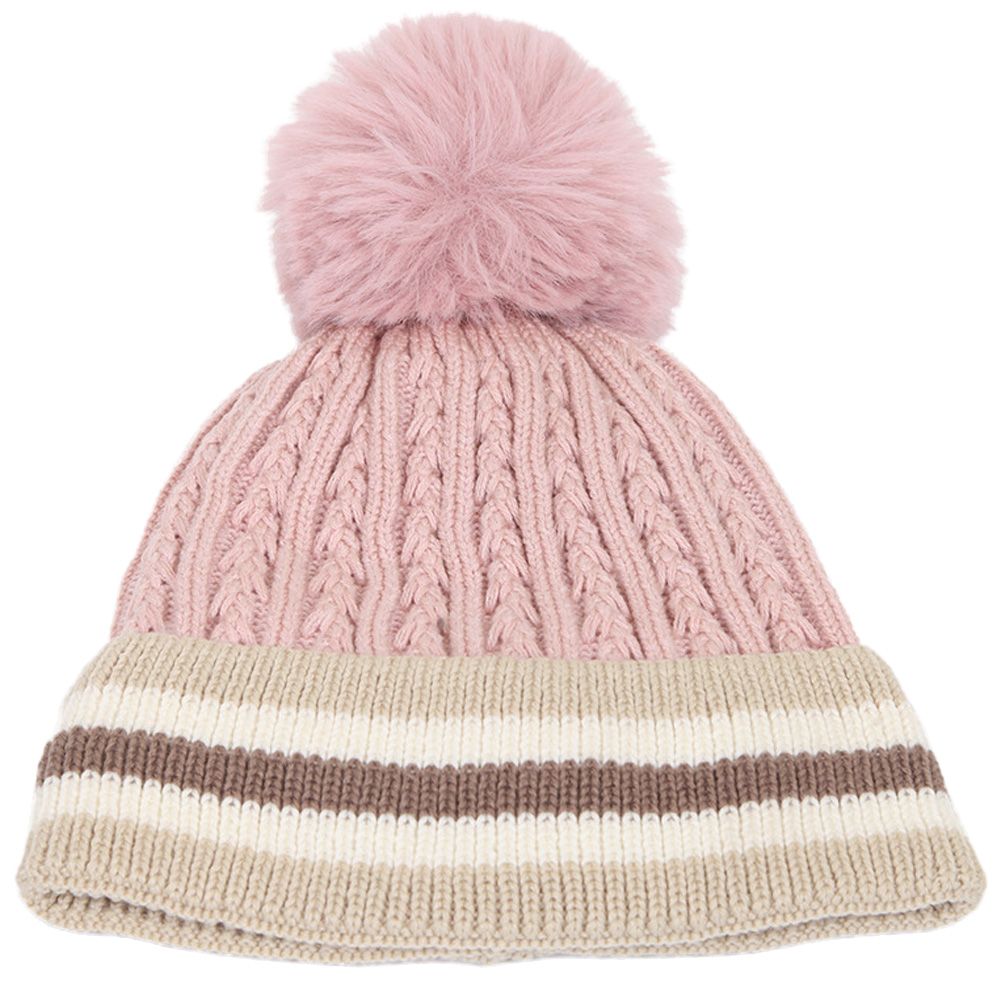 Manufacturer Fashion Women Winter Warm Earflod Lamb Wool Fleece Striped Knit Beanie Hats With Plush Pom Pom