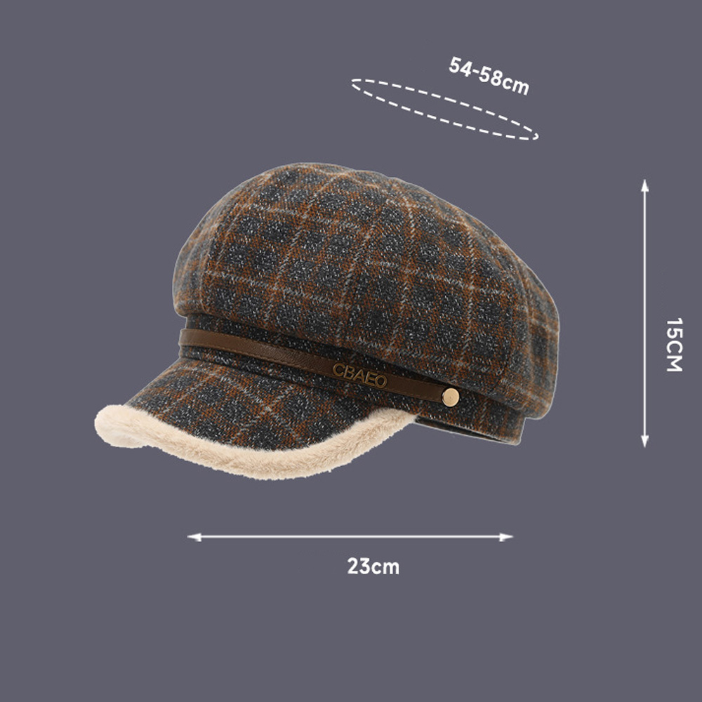 Customized High-quality Letter-patterned Checked Plush Beret. Women's Fall and Winter Warm Octagonal Hat. Fashionable Hat
