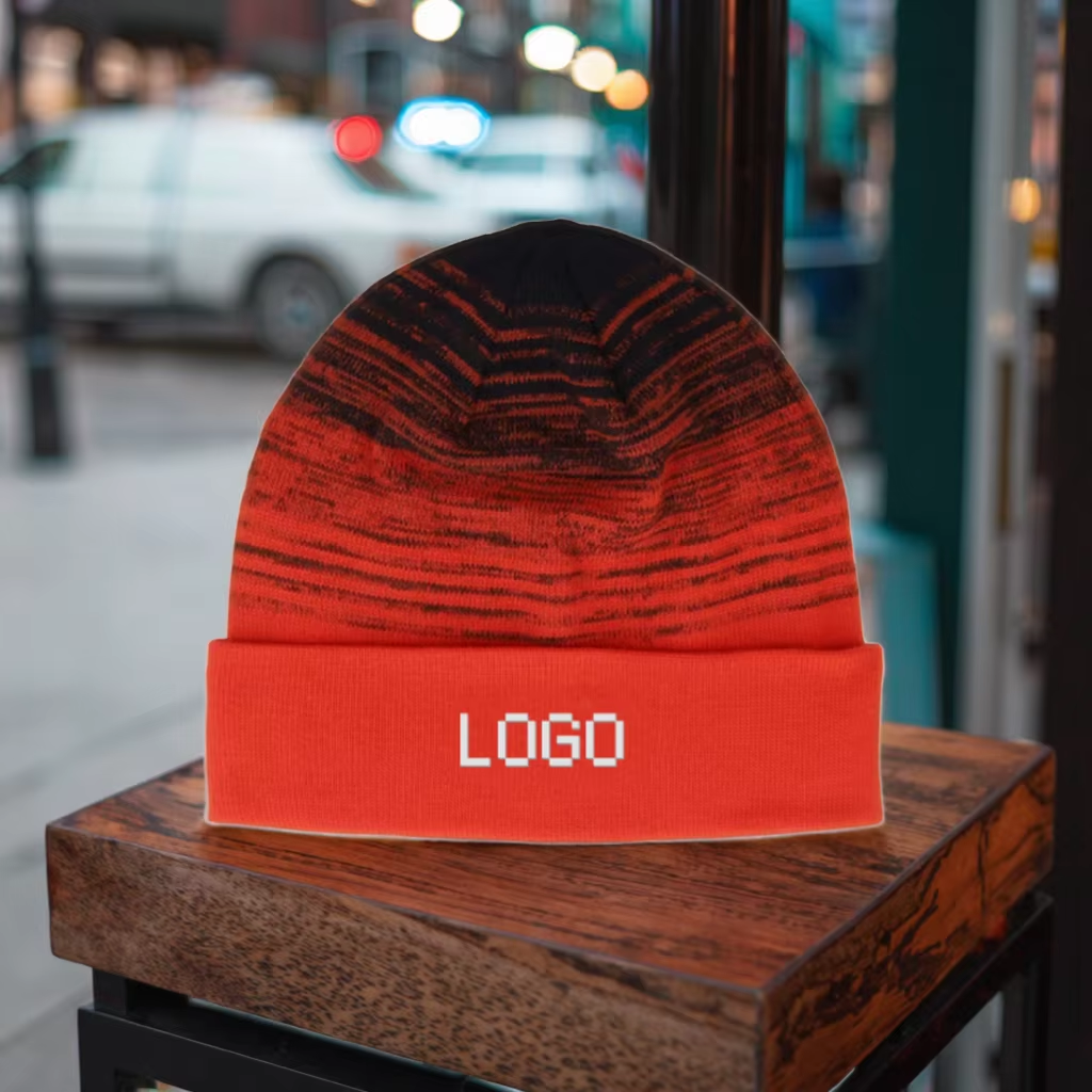 Custom Logo Winter Warm Knit Skull Cap Gradient Black Fiery Red Beanie with Soft Cuff Fashionable for Women Men for Beach Scene