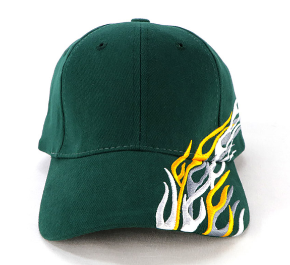 2025 New Green Flame Embroidered Baseball Cap Flat Embroidery Unisex Adjustable Velcro Curved Brim Hat Custom logo Cap