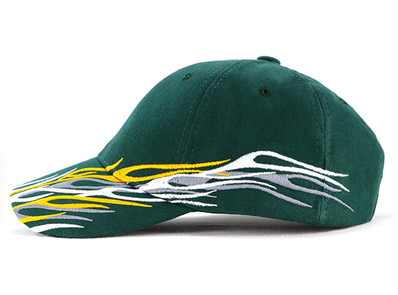 2025 New Green Flame Embroidered Baseball Cap Flat Embroidery Unisex Adjustable Velcro Curved Brim Hat Custom logo Cap