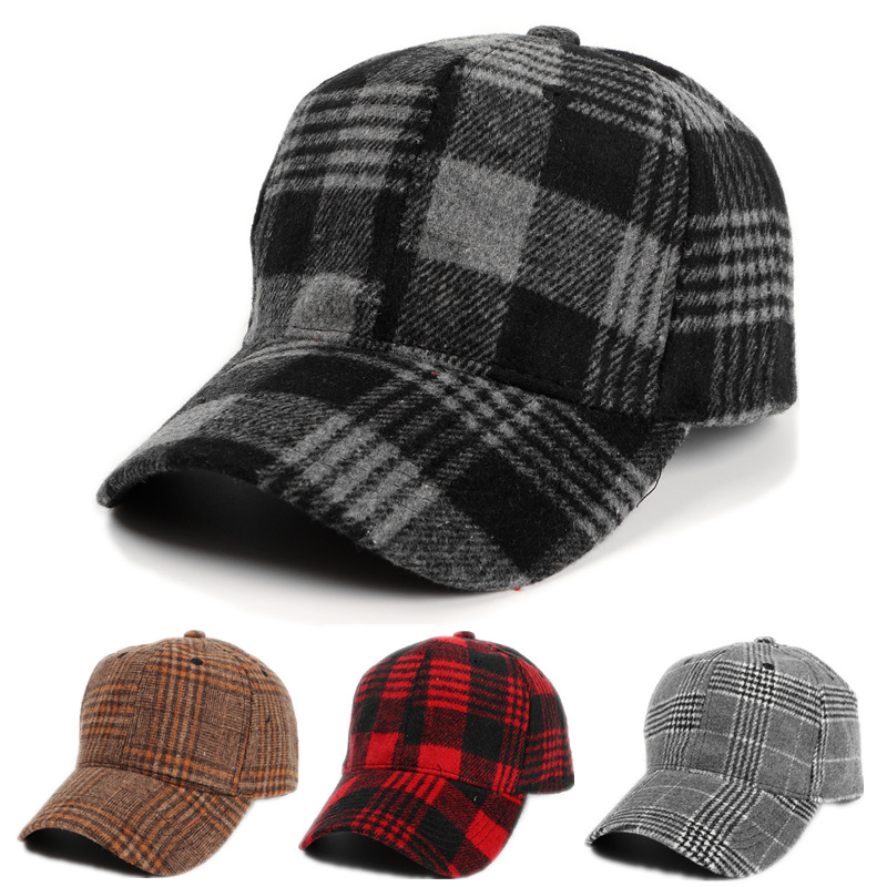 Customized High Quality 6-Panel Baseball Cap Autumn/Winter Checkered Woolen Dad Hat for Men Women Fashionable Velcro Adjustable