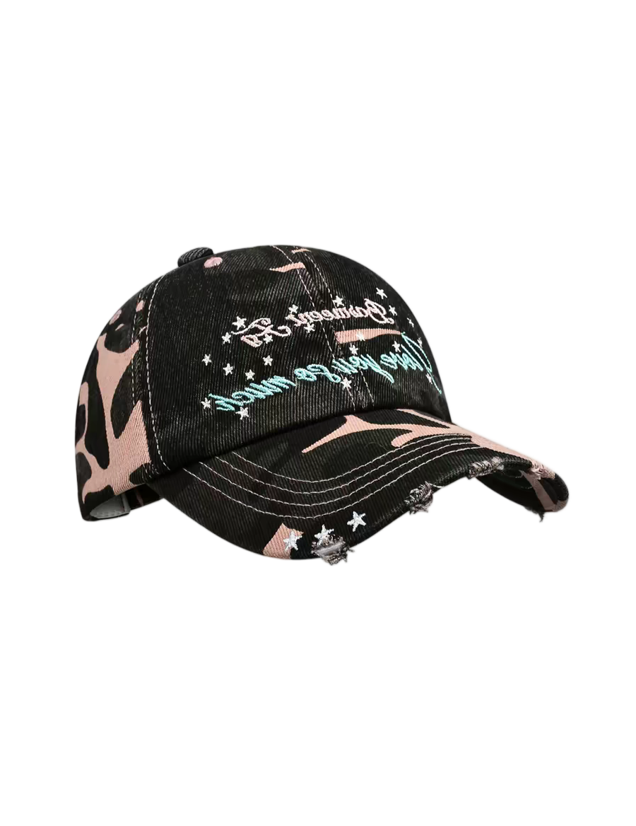 Pink Black Camo Distressed Twill Sporty Vintage Baseball Cap American Street Embroidered Fringed Unisex Dad Hat