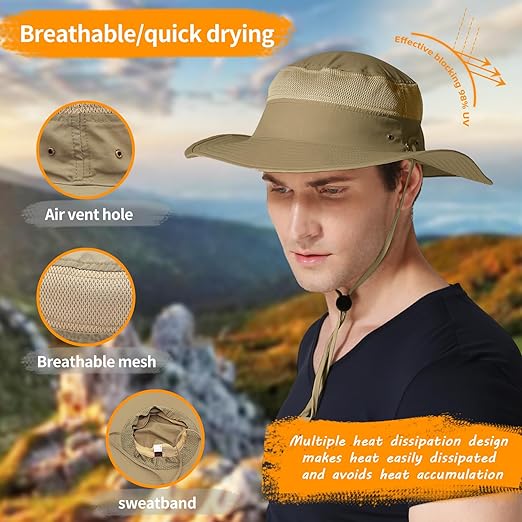 Custom Adjustable Mens Sun protection Fisherman Hat Wide Brim Breathable Mesh Bucket Hat With Windproof Rope