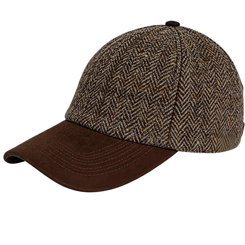 Herringbone Wool Blend Baseball Cap - Suede Brim Vintage Casual Winter Warm Hat for Men & Women
