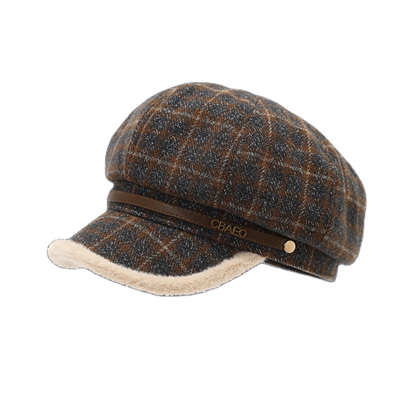 Customized High-quality Letter-patterned Checked Plush Beret. Women's Fall and Winter Warm Octagonal Hat. Fashionable Hat