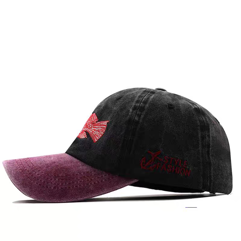 Distressed Washed Twill 6-Panel Color Block Fish Embroidery Vintage Baseball Cap Unisex American Dad Hat Outdoor Fishing Sun Cap